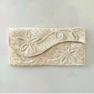 Vintage Ivory Silk Floral Beaded Sequin Envelope Fold-Over Formal Clutch Bag
